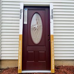 Brand New Therma-Tru Entry Fiberglass Door With Beautiful Privacy Design Glass. In The Box.