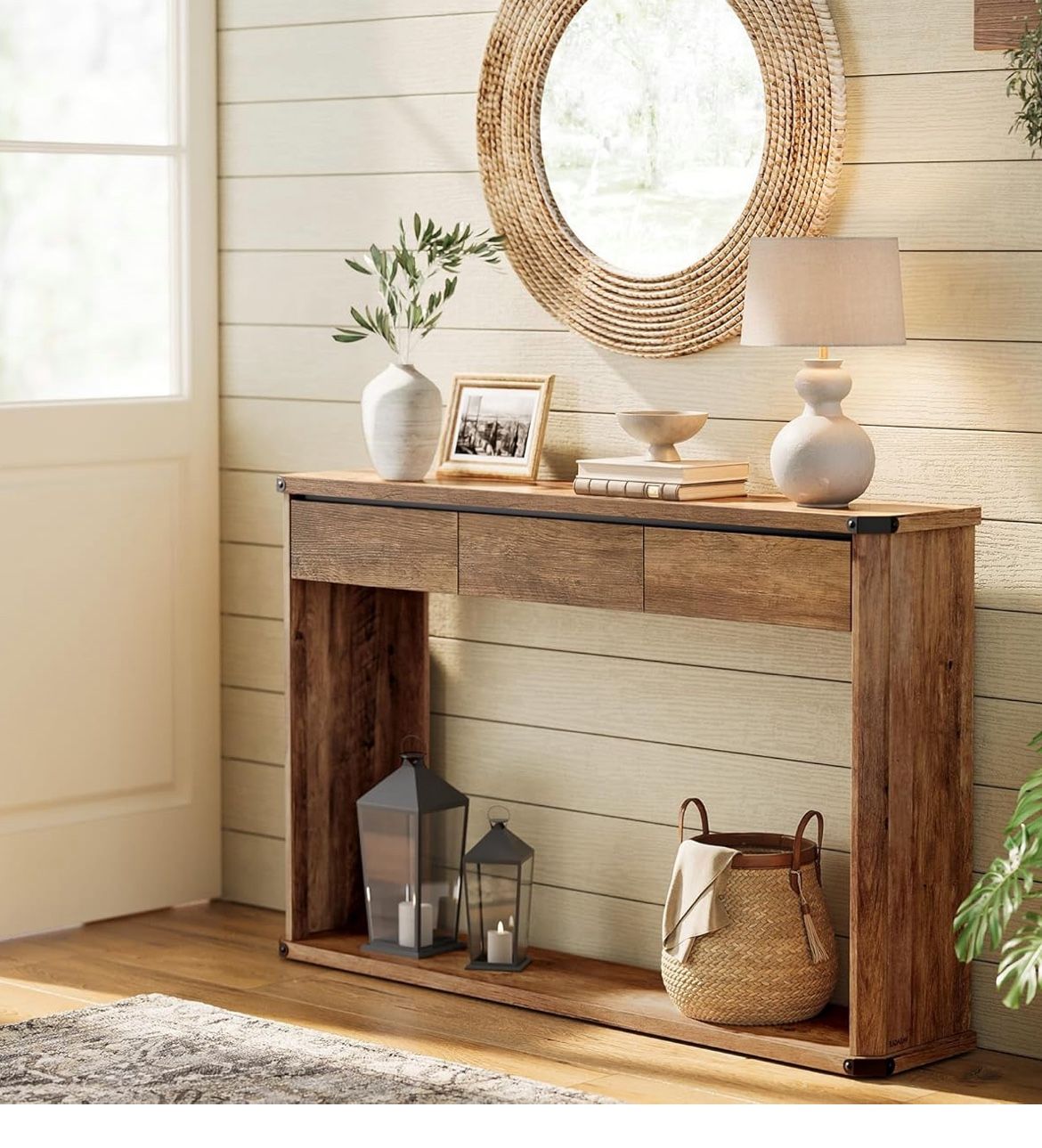 Console Table, 47.2 Inches Sofa Table, Narrow Entryway with 3 Drawers, Bottom Shelf, Metal Corners, for Living Room, Bedroom, Farmhouse Style, Honey B