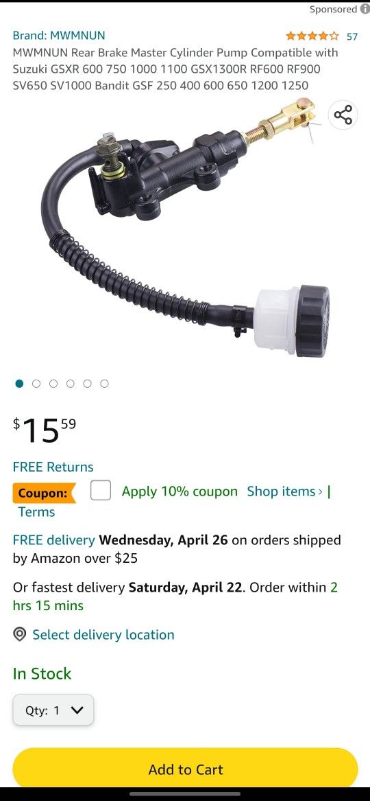 Rear Brake Master Cylinder Pump Compatible with Suzuki GSXR 1100 GSX1300R RF600 RF900 SV650 SV1000 Bandit GSF (contact info removed)