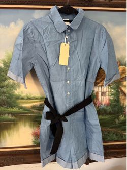 BDNZX Women's Blue Denim Button-Front Belted Collared Romper Short Sleeve S