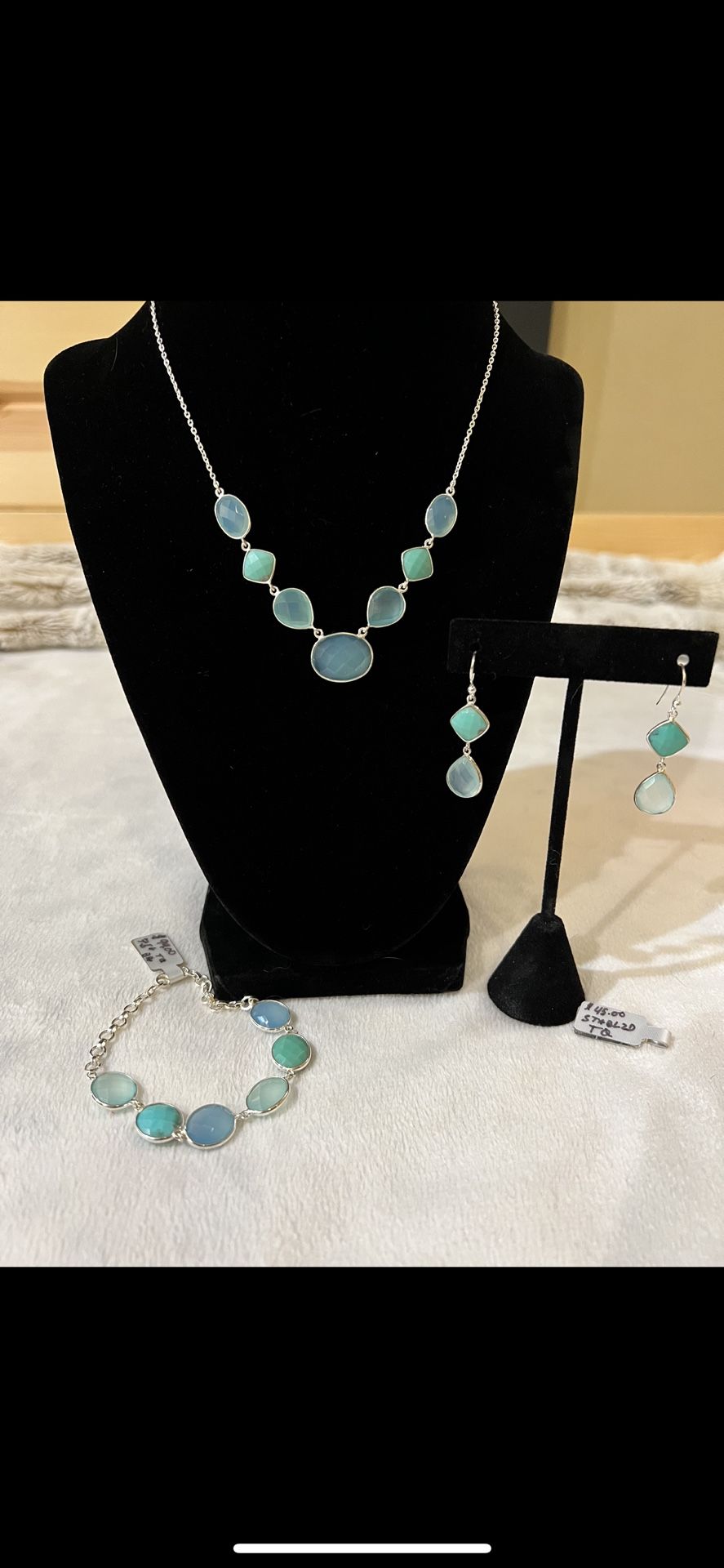 Stabilized Turquoise and Chalcedony Necklace, Bracelet and Earring Set .925 Sterling Silver