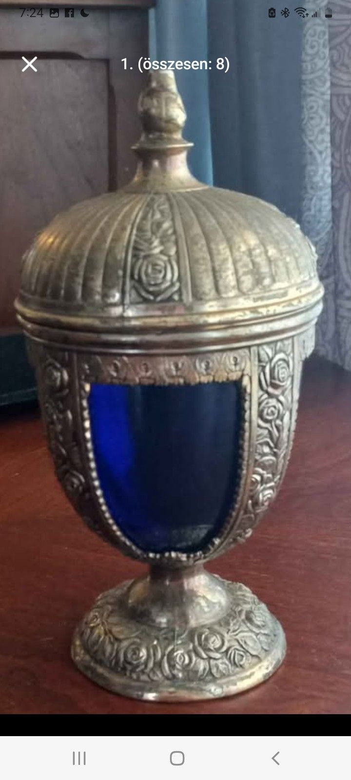 Vintage Pewter (Spelter) Lidded Chalice with Cobalt Blue Glass – Rose Motif