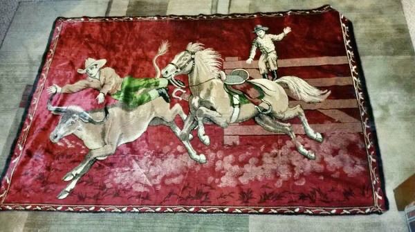 Vintage velvet tapestry Cowboy Rodeo Wall Hanging, P&C, Italy, 70" x 47"