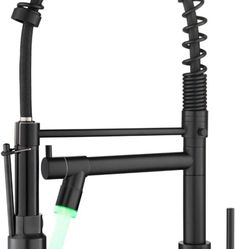 20 Inch Black Kitchen Faucet with Pull Down Sprayer, Dual Morden Commercial Rv Single Handle Single Hole Double Spout LED Spring Kitchen Sink Faucet w