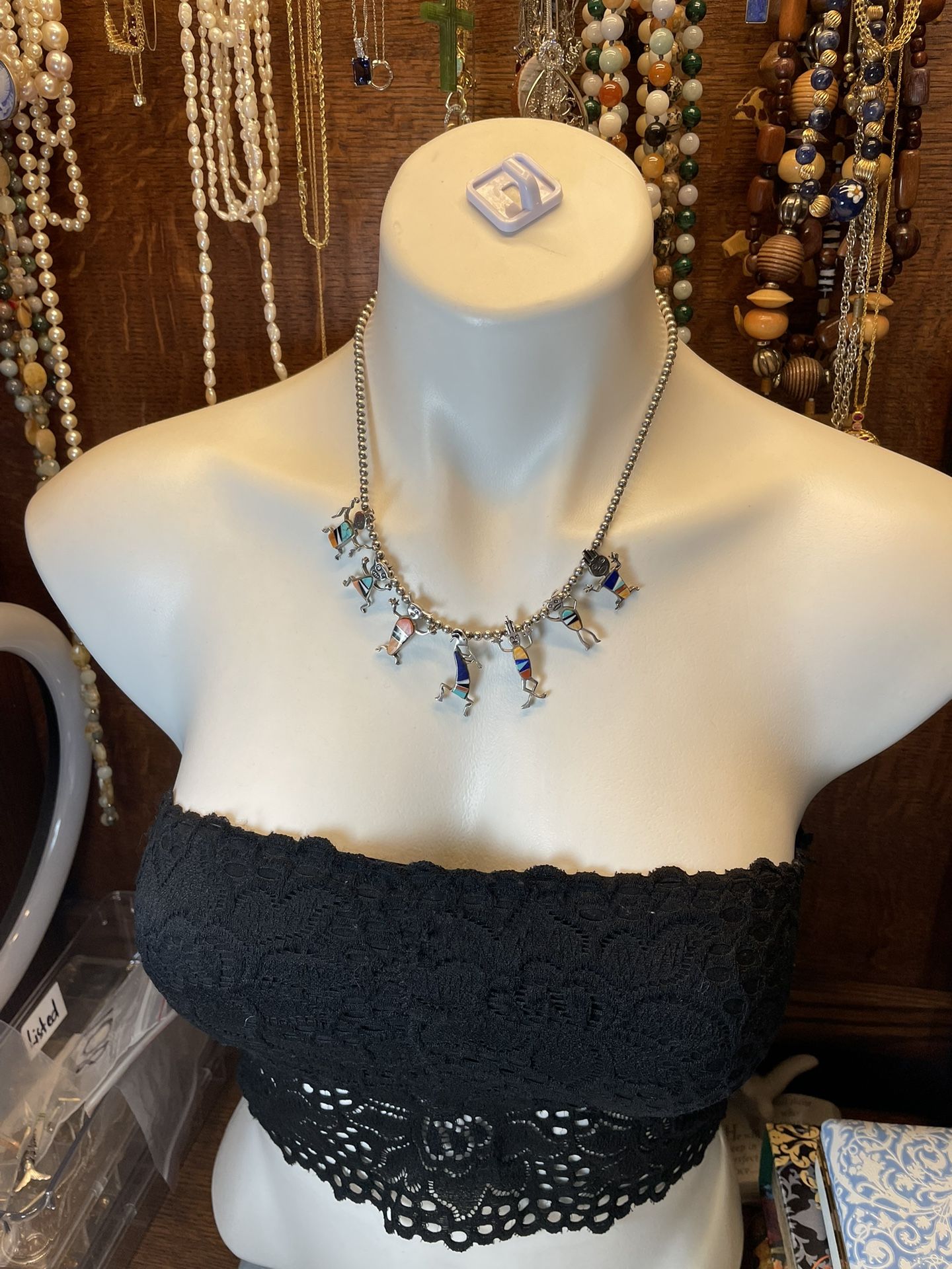 Vintage Sterling Kachina Dancers Inlaid Stone Choker Necklace 16”