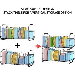 Set of 2 Stackable Food Container Lid Organizer, Adjustable Metal Lid Storage Shelf for Kitchen, 4 Dividers Detachable Lid Organiser Rack for Cabinets