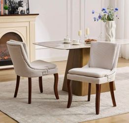 New-Modern Dining Chairs Set of 2,Double Layer Cushioned Chenille Fabric Upholstered Accent Side Leisure Chairs with Mid Back and Curved Solid Wood Le