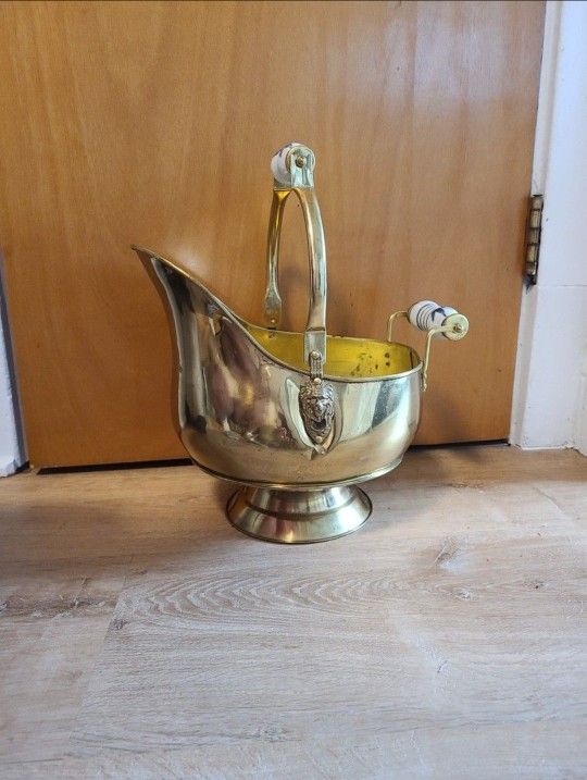 Antique Brass And Porcelain Coal Scuttle - Can Be Used As Planter Or Jug