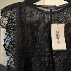 NWT Zara Trafaluc Black Sheer Mesh & Lace Flutter Sleeve Top - Size M