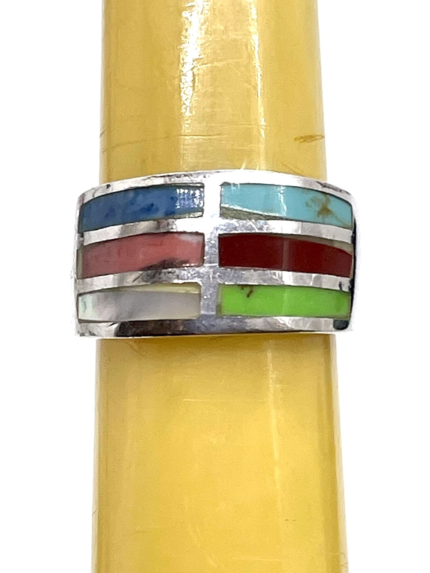 Sterling Inlaid Stone Ring Sz 6.75