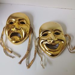 Vintage Gold Comedy & Tragedy Wall Hanging Masks.