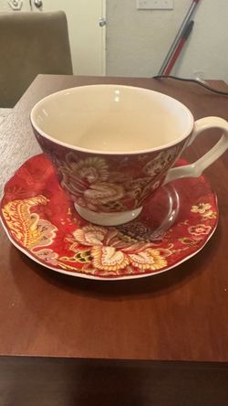 Beautiful 222 Fifth Gabrielle Red Porcelain Cup & Saucer