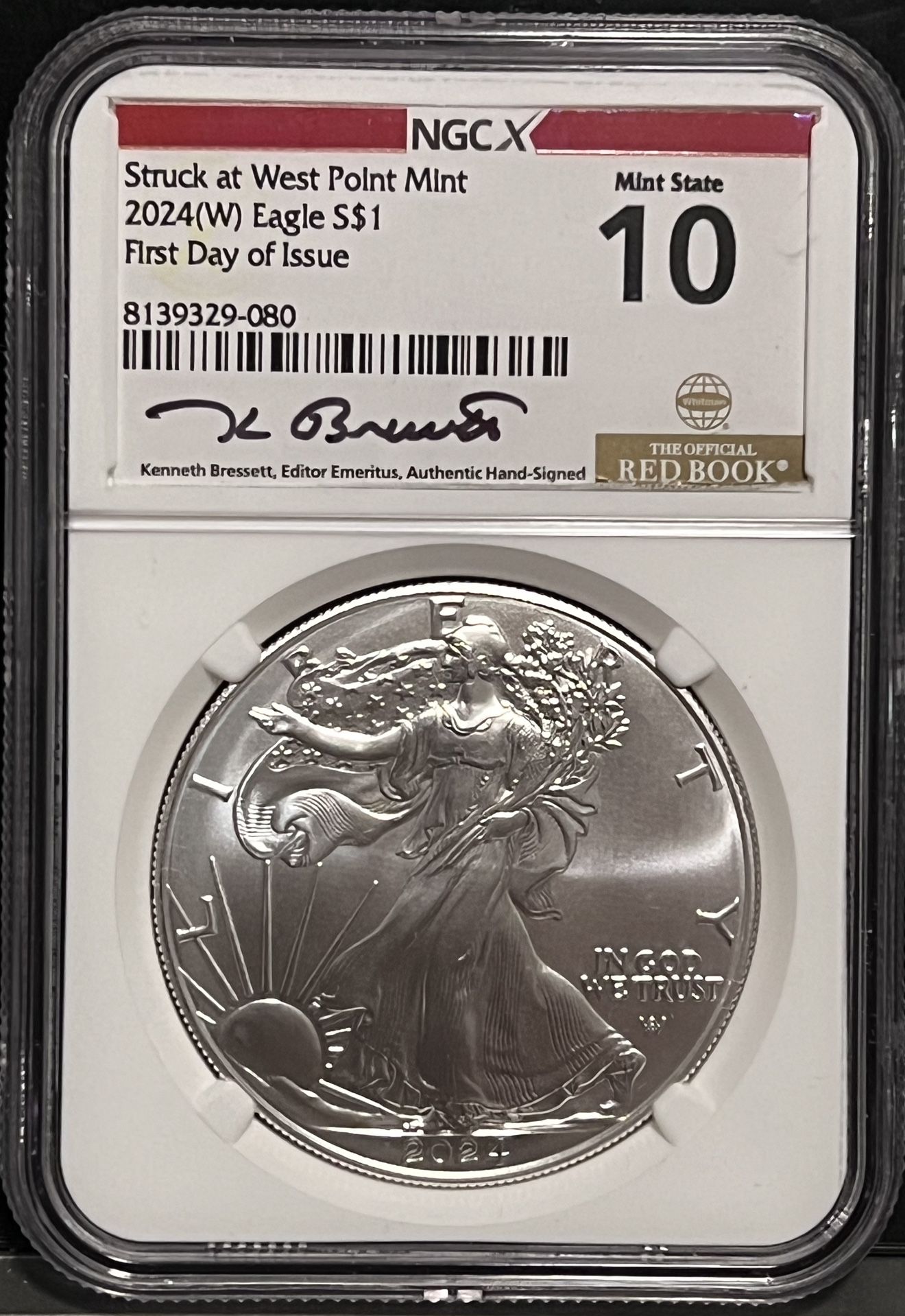 2024 W Burnished American Silver Eagle • West Point Mint • Kenneth Brewster Signed, First Day of Issue Red Book Label • NGCX Mint State 10