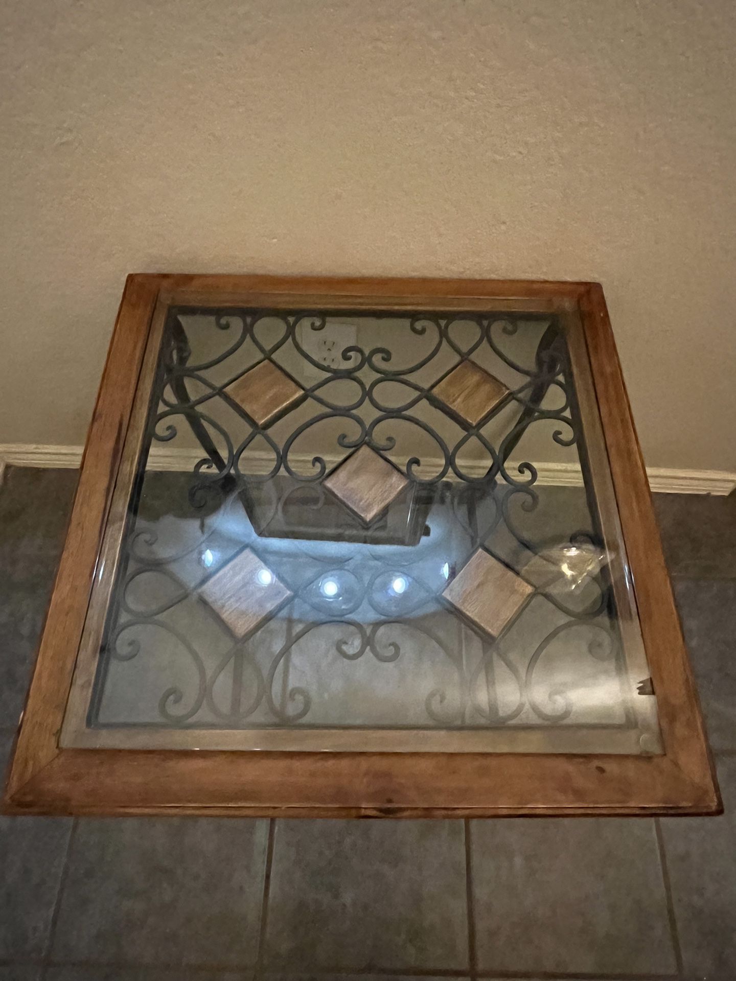 Wrought Iron, Wood And Glass Side Table