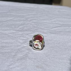 Broken China Women’s Ring - 925 Sterling Silver - Vintage Res & White Rose