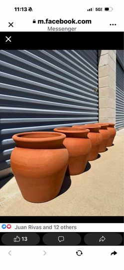 Clay planters 15”H, 11” ID x 14” W $25 each