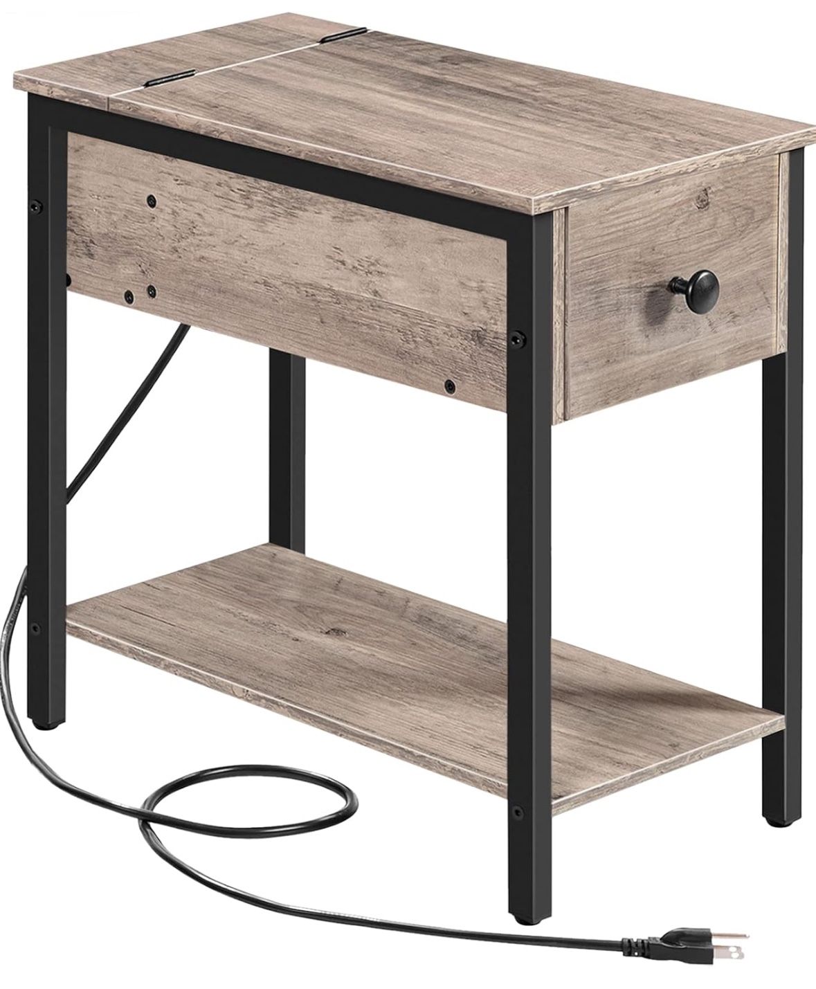 Side Table with Charging Station, Narrow End Table, Small Nightstand, Bedside Tables with Drawer and Storage Shelves, for Small Spaces, Living Room, B