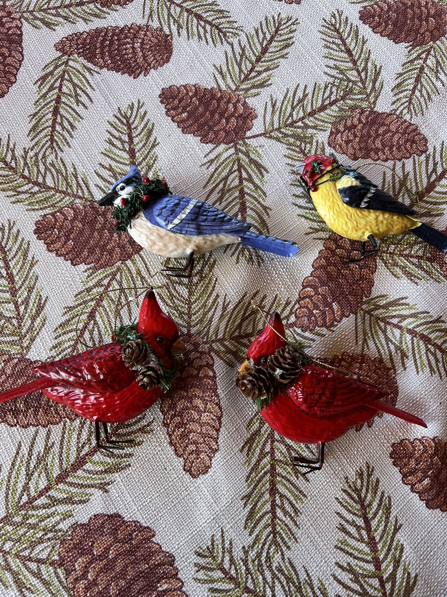 Vintage Set Of 4 Metal Holiday Bird Ornaments