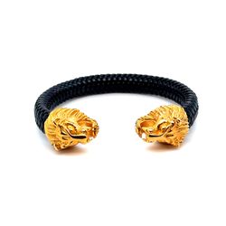 Stainless Steel Black Braided Leather Bracelet with Gold Lion Head Ends