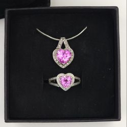 Women's Jewelry Pink Heart Necklace And Ring Set 