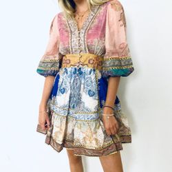 Multicolor Paisley Linen Anneke Lantern Dress 