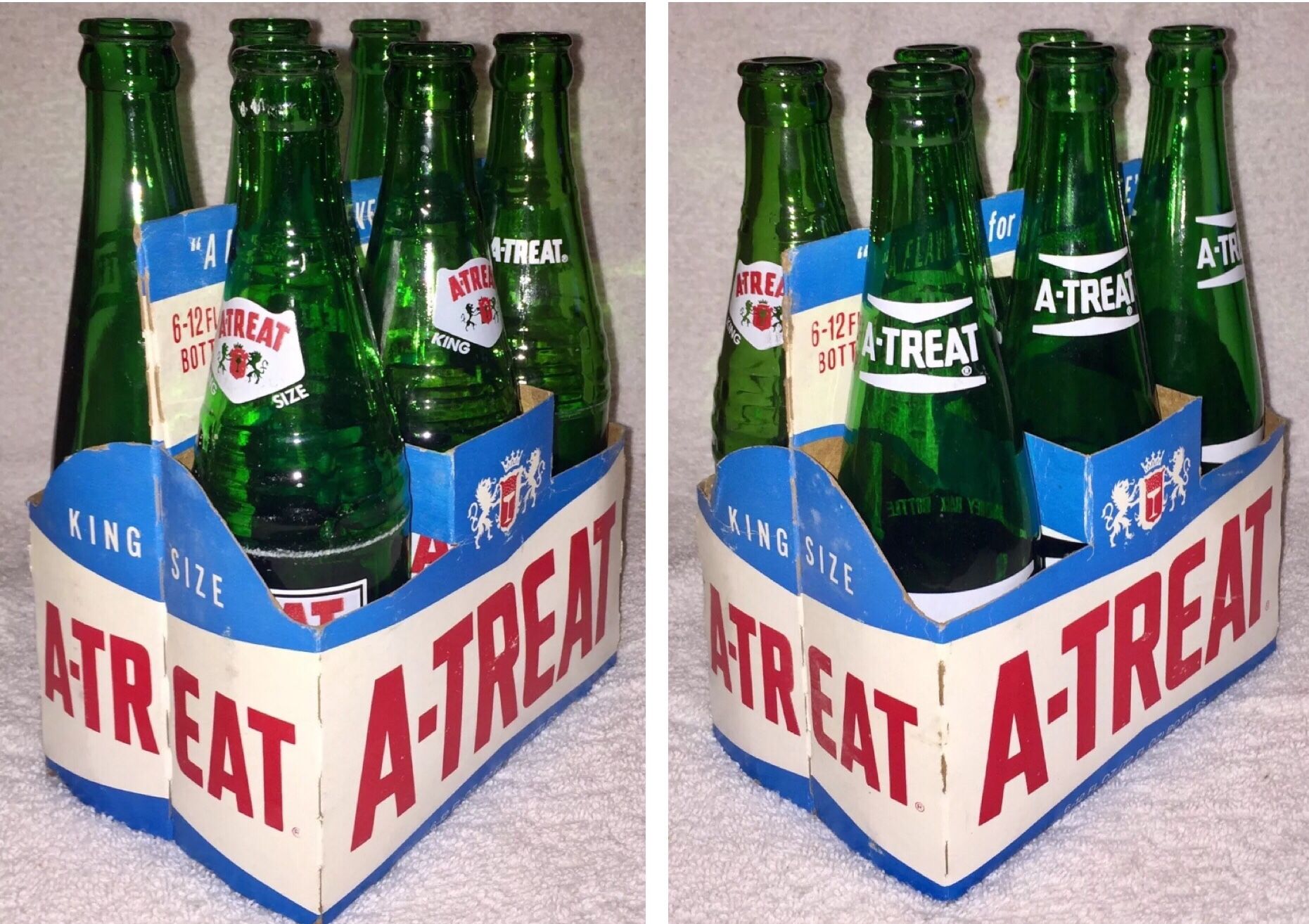 Vintage A-Treat Six Pack Soda Pop Bottles 3 Different Styles w Cardboard Carrier
