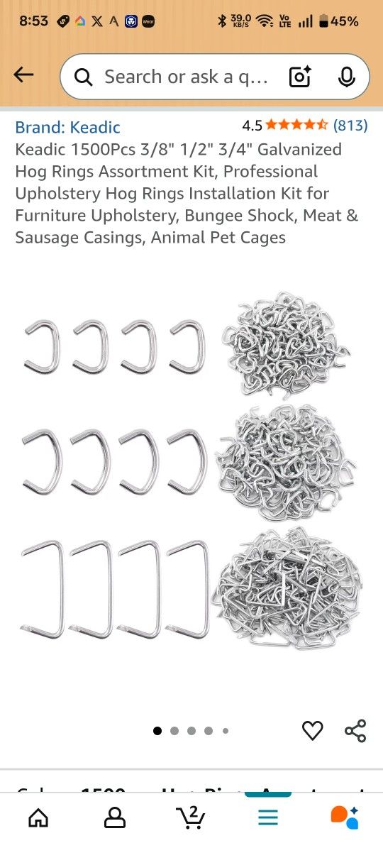 Keadic 1500Pcs 3/8" 1/2" 3/4" Galvanized Hog Rings Assortment Kit,