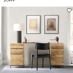 West Elm Industrial Modular Desk In Raw Mango Wood - w/ 2 File Cabinets (64")