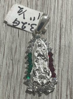 .925 Virgin of Guadalupe Virgin Mary Pendant Charm w/ Clear Red Green Stones