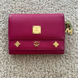 Vintage MCM Hot Pink Leather Tri-fold Chain Logo Wallet