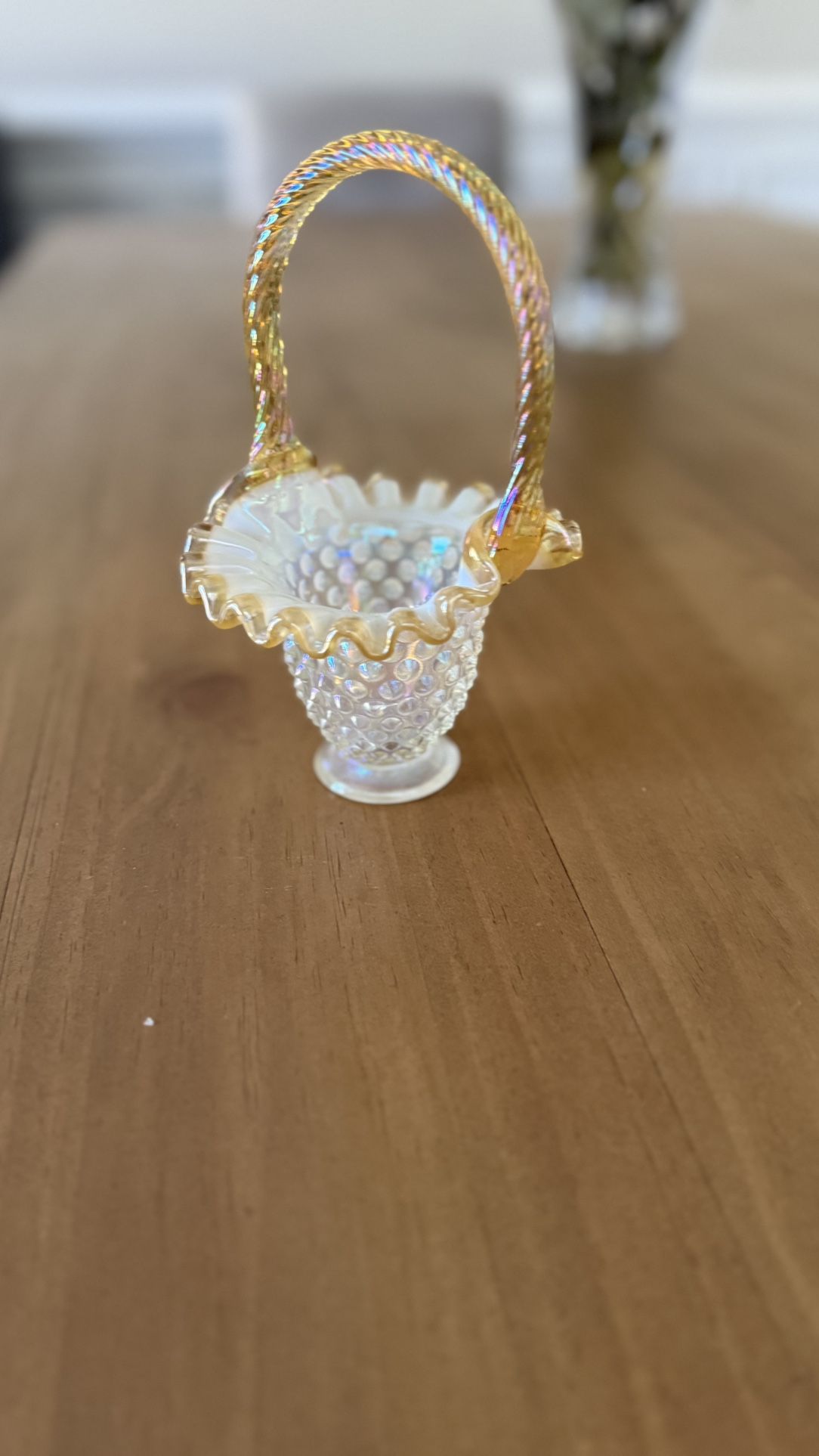Fenton Goldcrest Opalescent Glass Hobnail Basket