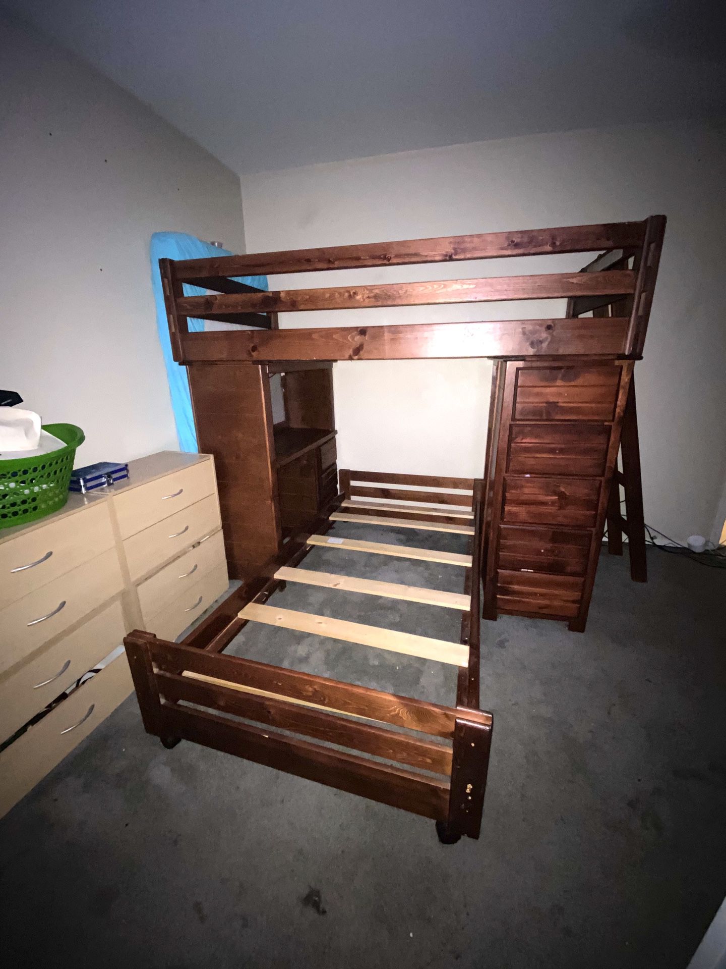 Twin bunk bed with student desk drawers & shelf
