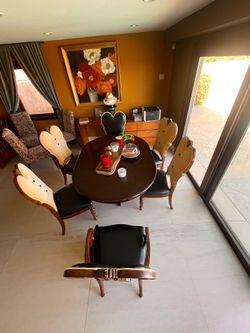 Dining Table in great condition with six chairs plus and side table with drawers (side desk has little wood damage see pictures)