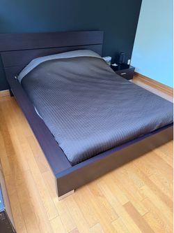 Contemporary Dark Brown Wood Bed Frame + Matching Nighstand - Italy 2000