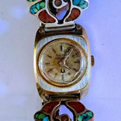 Vintage Silver And Turquoise Navajo Natice American Watch Band With Bulova Watch