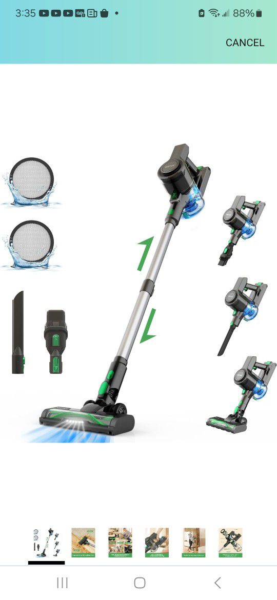 Vactidy Cordless 6-in-1 Lightweight Stick Vacuum Cleaner with Brushless Motor, 45 Min Runtime, for Hard Floors and Carpets

