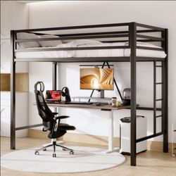 Black Heavy Duty Twin Size Metal Loft Bed with Full-Length Guardrail & Removable Stairs