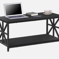 Farmhouse Coffee Table with Round Corner Wood Center Table w/Storage Shelf Black