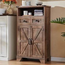 New 24" Rustic Brown Farmhouse Bathroom Floor Cabinet, Wide Bathroom Storage Cabinet