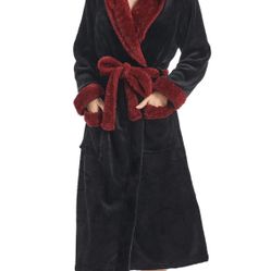 Women Hooded Plush Robe, Fleece Cozy Warm Bathrobe Fuzzy Female Spa Robe With Pockets Spa Bathrobe
