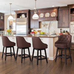 39 in. H Red Brown High Back Faux Leather Solid Wood Bar Stool Counter Height Bar Stool with Cushion Set of 4