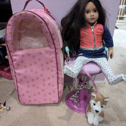 Our Generation Doll, Backpack (Carrying Case), Beauty Chair, And Dog