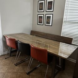 Wood dining table with bench and 3 chairs