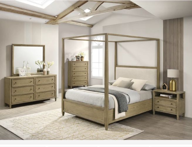 Sienna Rustic Natural Canopy Platform Bedroom Set ( Queen, king, twin, full bedroom set bed frame tall dresser, nightstand and chest, mattress opt