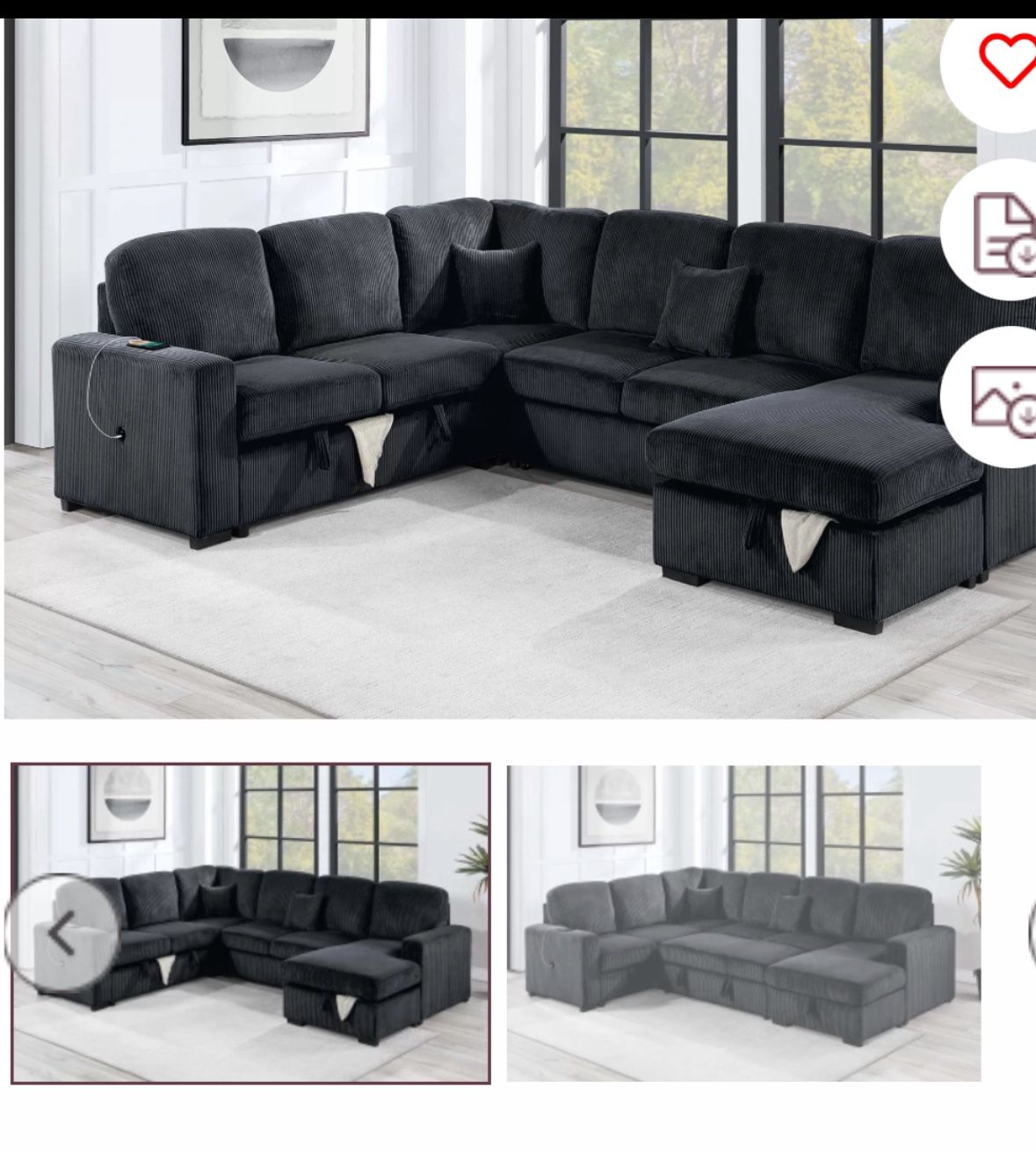 $649-4Piece Convertible Sectional  Sleeper Sofa ,Chaise Storage ,Sofa Storage & USB Ports 98” x 103” x 61” x36”H