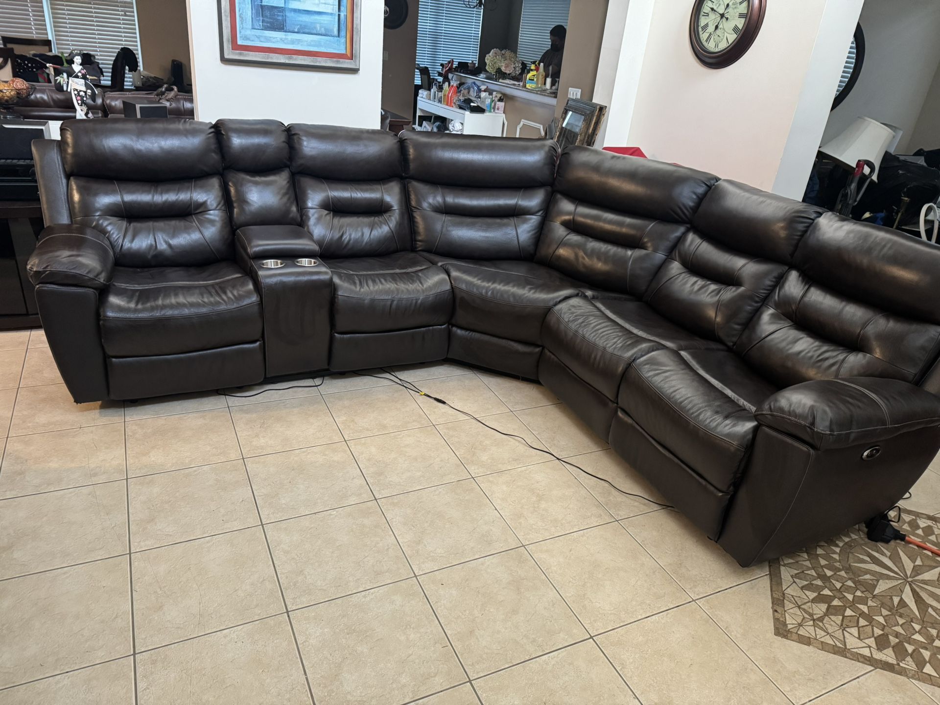 Leather 5 Seat Sectional Sofa with 3 Power Recliners, Cup Holders, Storage 