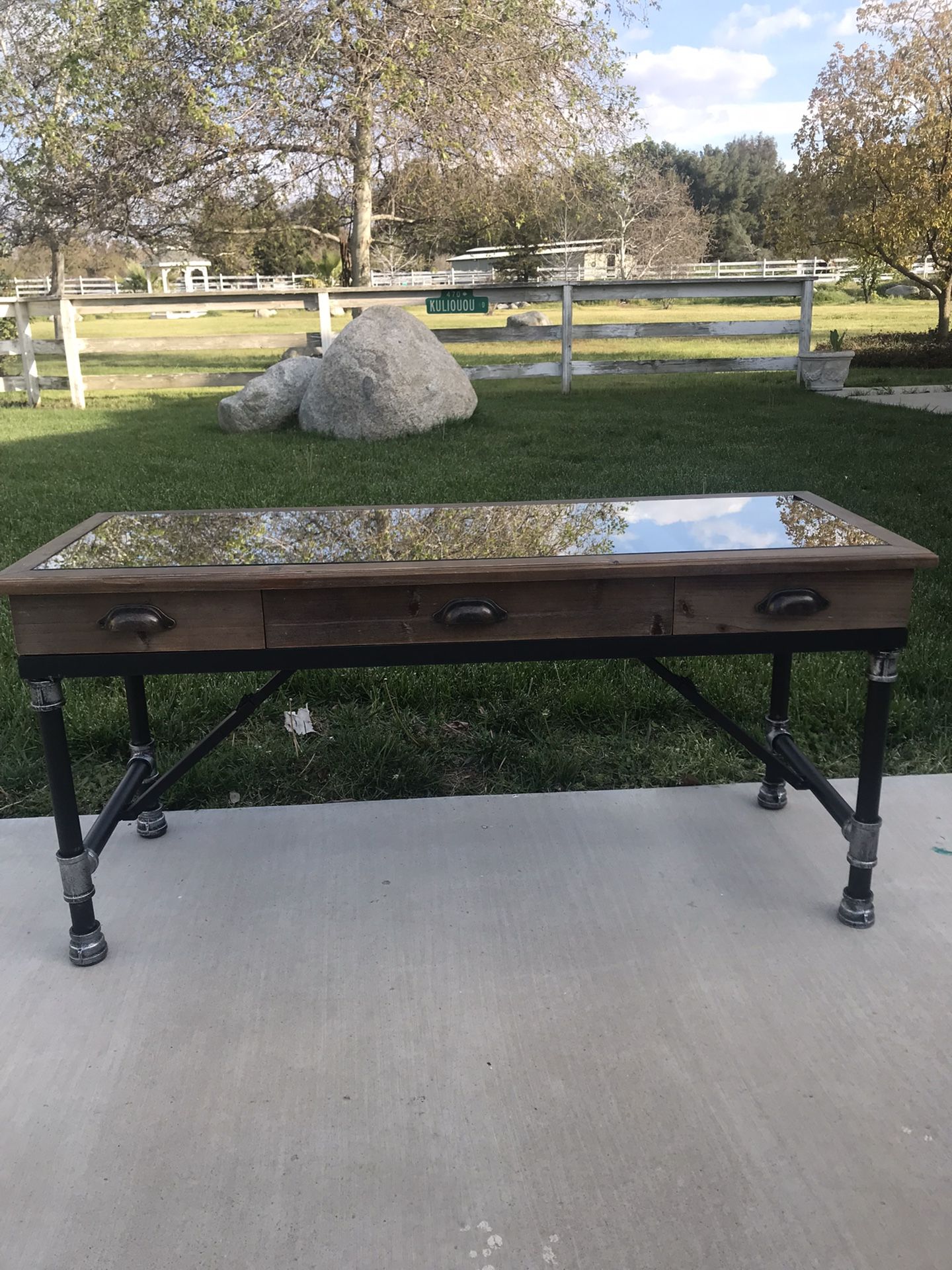 Shadow Box coffee Table -outdoor Rustic Wood And Iron Small Chip In Glass