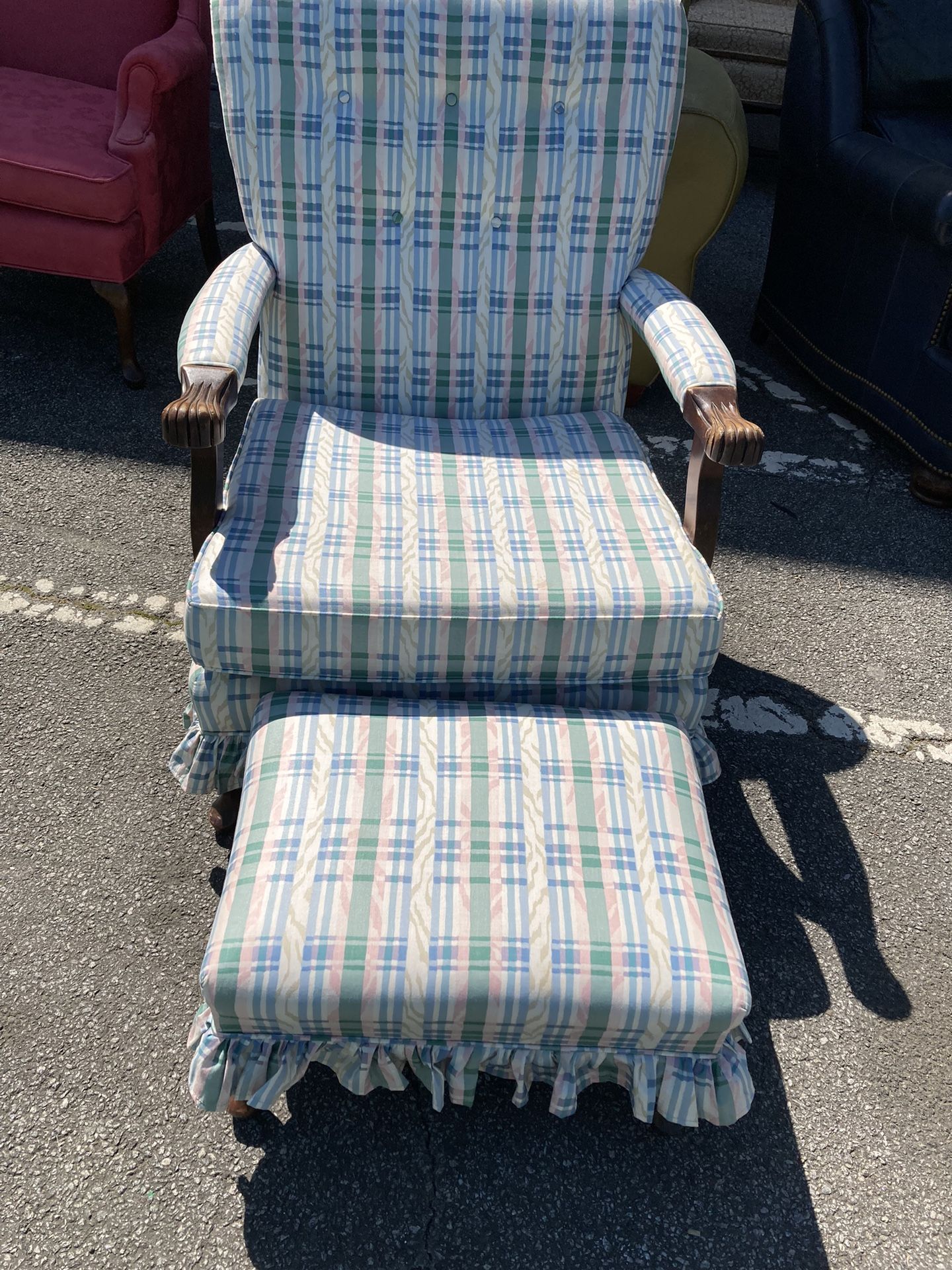 Blue/Green/White Chair W/ Ottoman