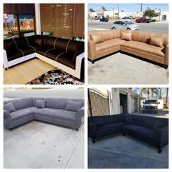 NEW 7X9FT SECTIONAL COUCHES. DOMINO BLACK, CHARCOAL MICROFIBER. BLACK MICROFIBER  AND  DAKOTA CAMEL LEATHER  Sofas, Couch  2pcs 