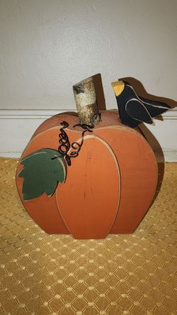 Wooden Carved Pumpkin with Black Crow Decoration
